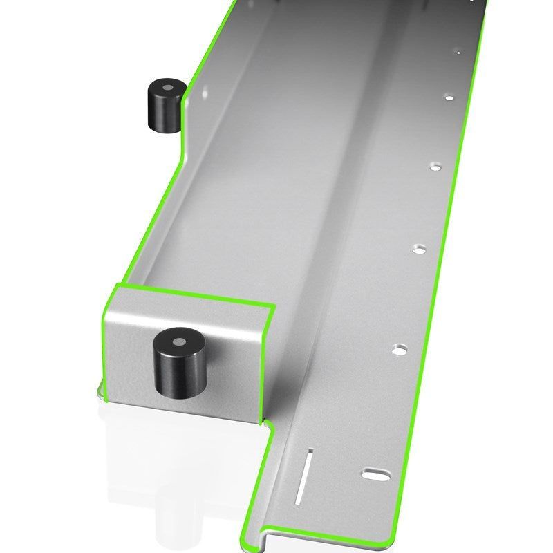 Metal rack component with black rubber bumpers, green trim.