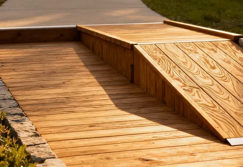 Wooden ramp for accessibility on a path. Ramp has side rails and leads up a small ledge.