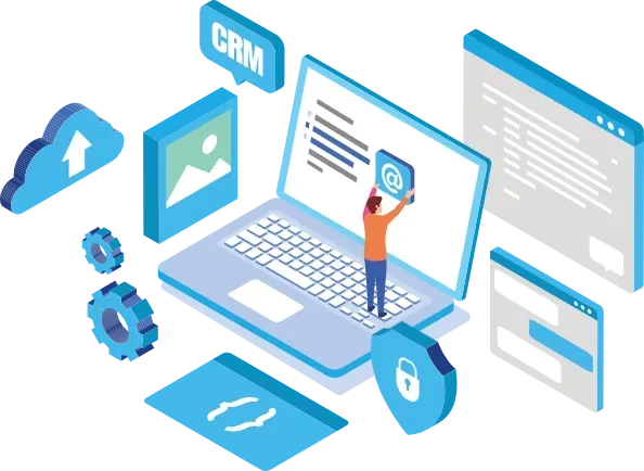 Isometric view of a person by a laptop, cloud, and digital assets.