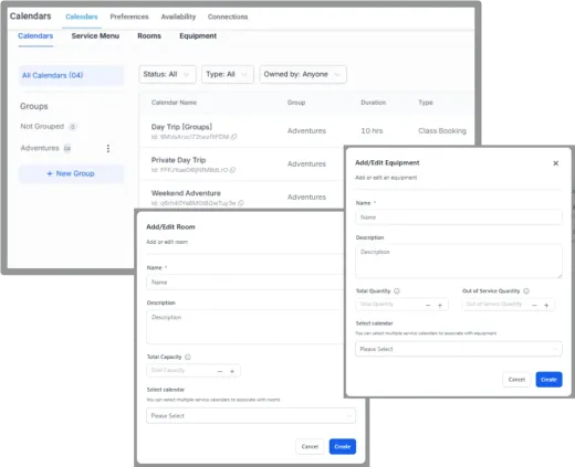 A dashboard screen showing a calendar management interface with multiple pop-up windows for adding and editing events.