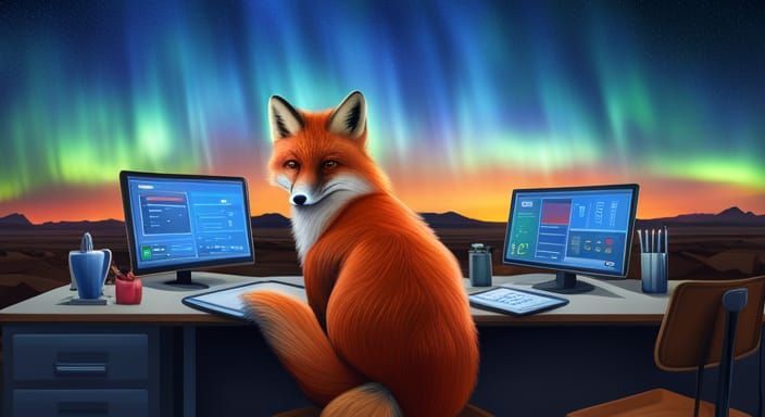 a fox sitting at a desk with computer monitors editing images for a project