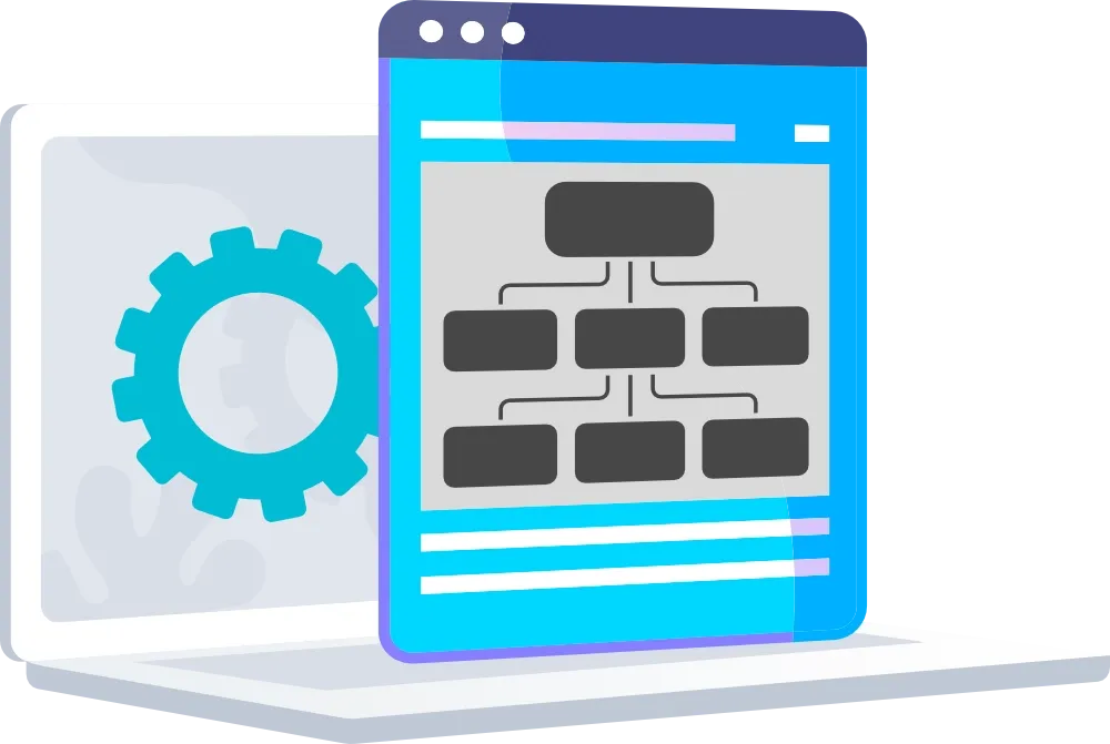 Laptop displaying a flowchart with a gear; representing website structure and development.