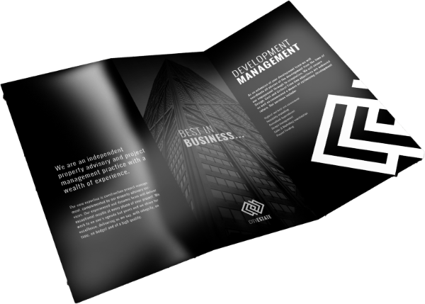 A dark tri-fold brochure with a premium texture