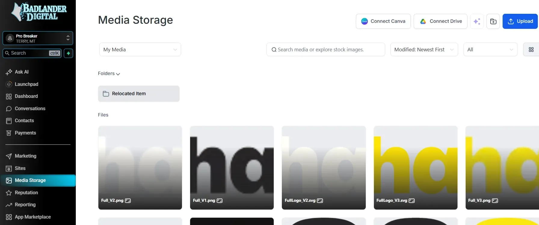 Media storage dashboard showing a grid of logo variations in black, yellow, and white against a gray background.