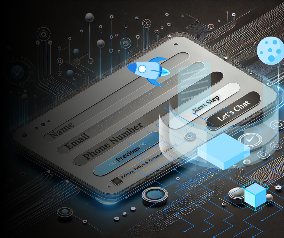Digital form on a phone with input fields. Rocket graphic, 