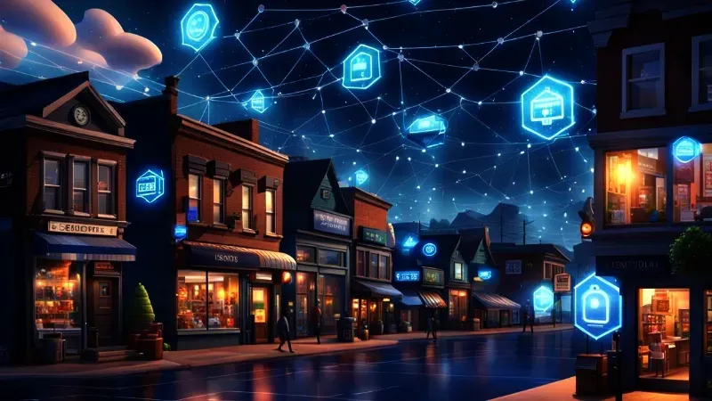 Nighttime cityscape with interconnected glowing blue smart home icons above buildings.