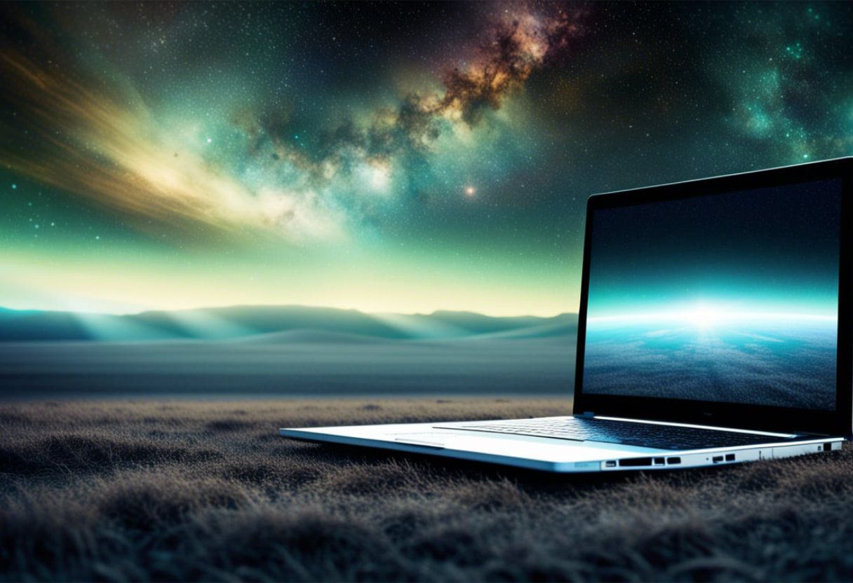 A laptop is sitting in a field under a starry sky