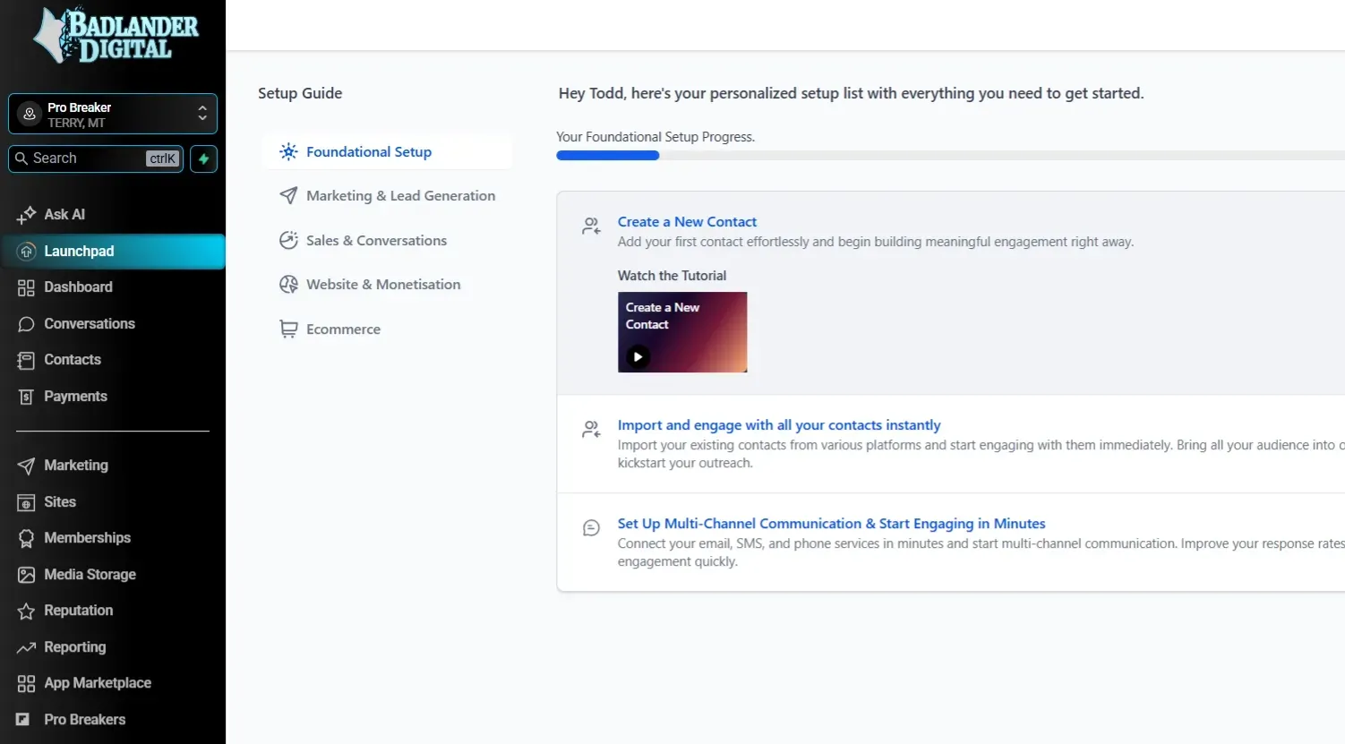 Dashboard interface for Badlander Digital showing a Getting Started guide with setup tasks and progress tracking.