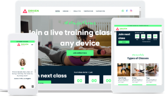 High Performance Purpose Built Business Websites A laptop , tablet , and phone are displaying a website for a live training class.