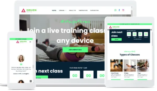 Three devices displaying the SIVVI fitness website: smartphone, tablet, and laptop. A woman is featured in a workout.