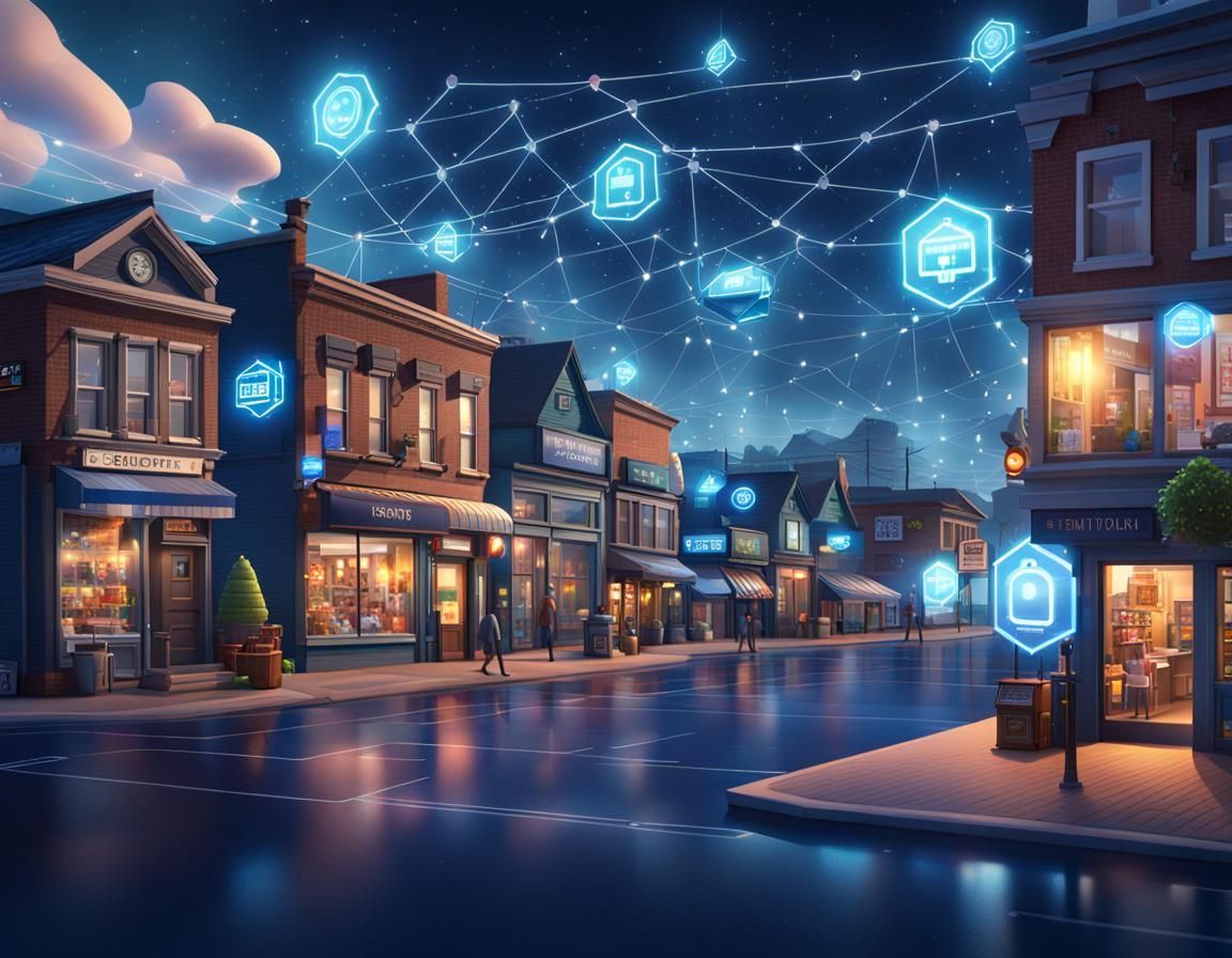 A cartoon illustration of a small town at night with a blue poly mesh network connecting them