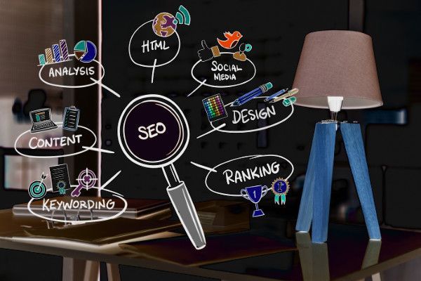 A magnifying glass with illustrations showing the complexity of SEO and it's presence in online marketing
