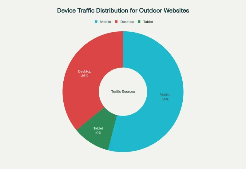 Device traffic distribution for outdoor websites: mobile (54%), desktop (26%), and tablet (10%) shown in a donut chart.