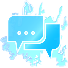 Two light blue speech bubbles with outlines, overlaid on a bluish cloud-like background.
