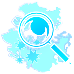 Blue magnifying glass over a map with starburst icons, suggesting investigation or discovery.
