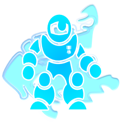 A blue robot is standing in front of a blue background.