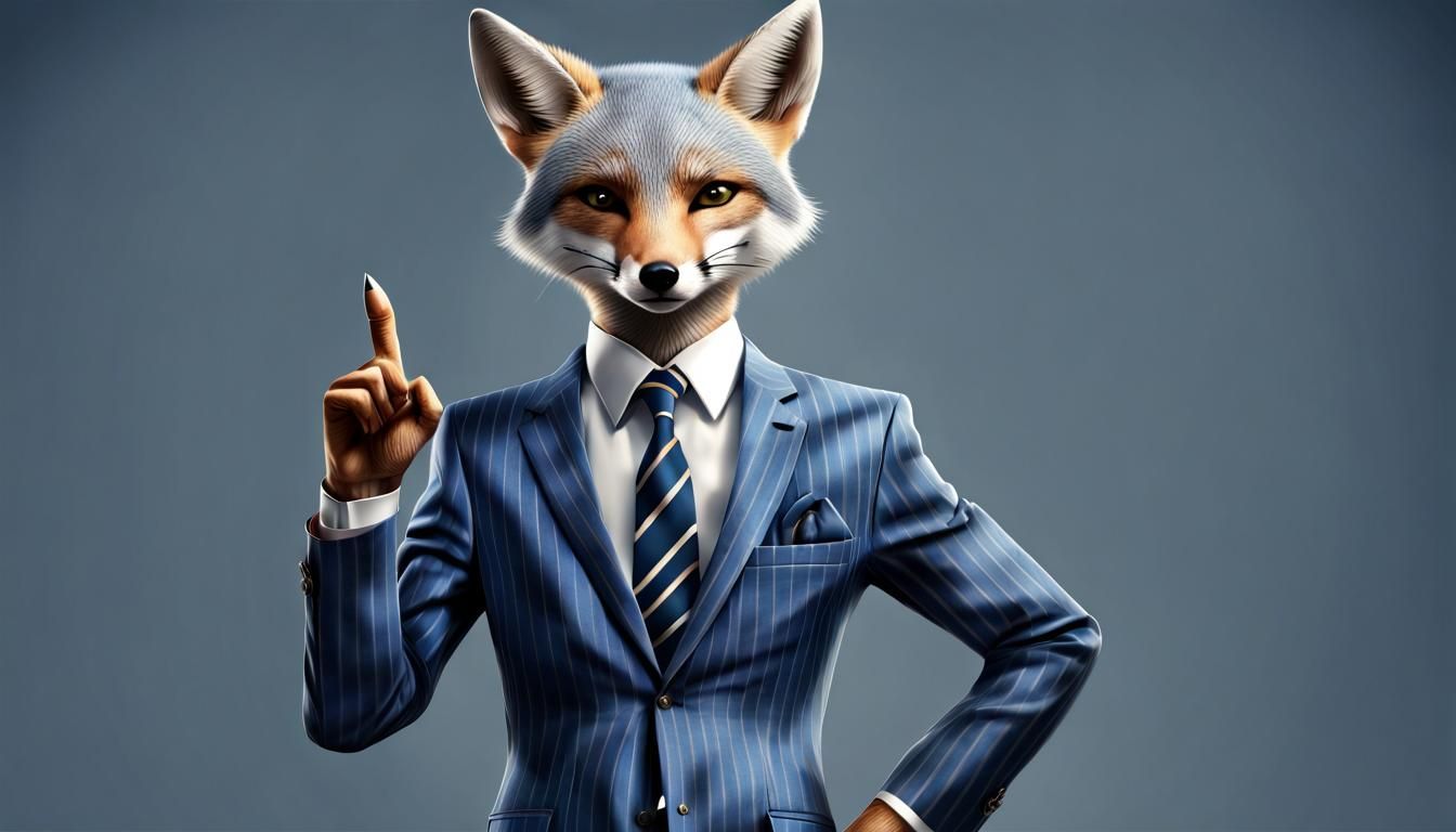 A fox in a business suit holding up his first finger 