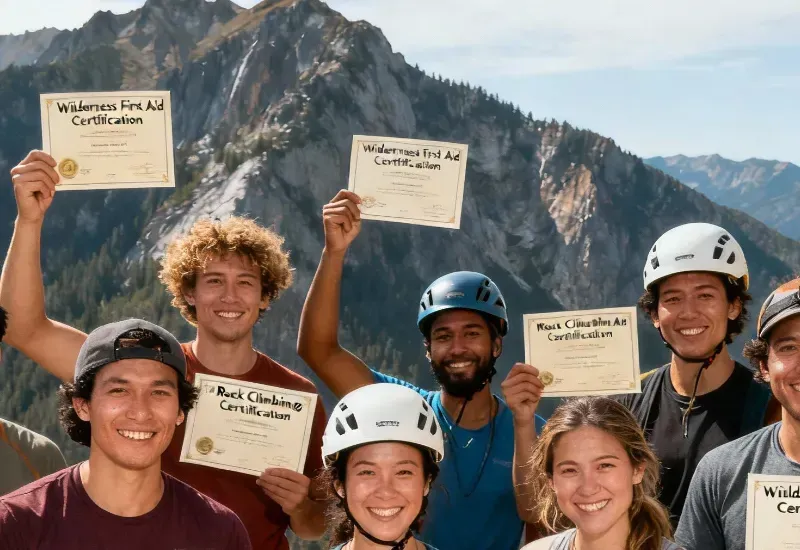 Group of people holding up certificates, smiling, with mountain backdrop.