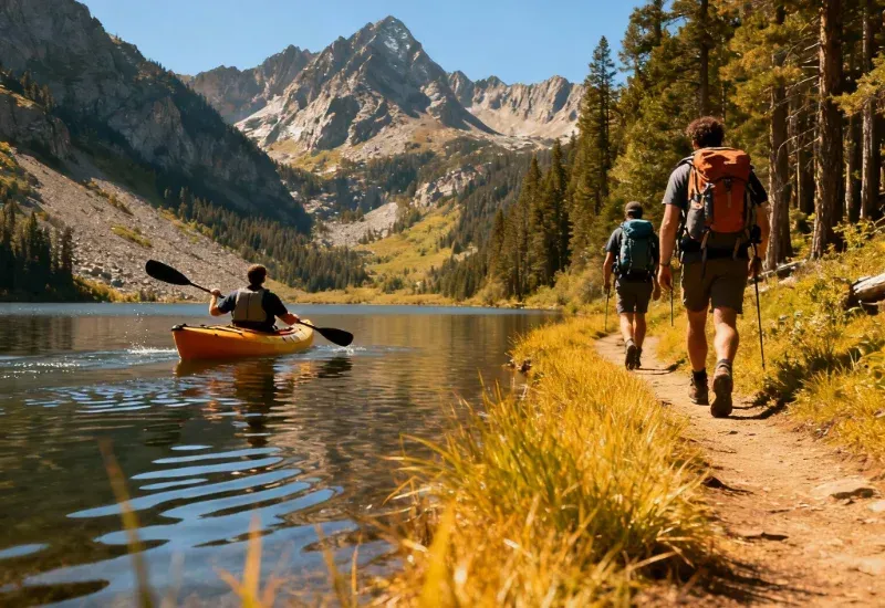 Hikers walking trail beside lake, kayaker paddles. Mountains and forest in background.