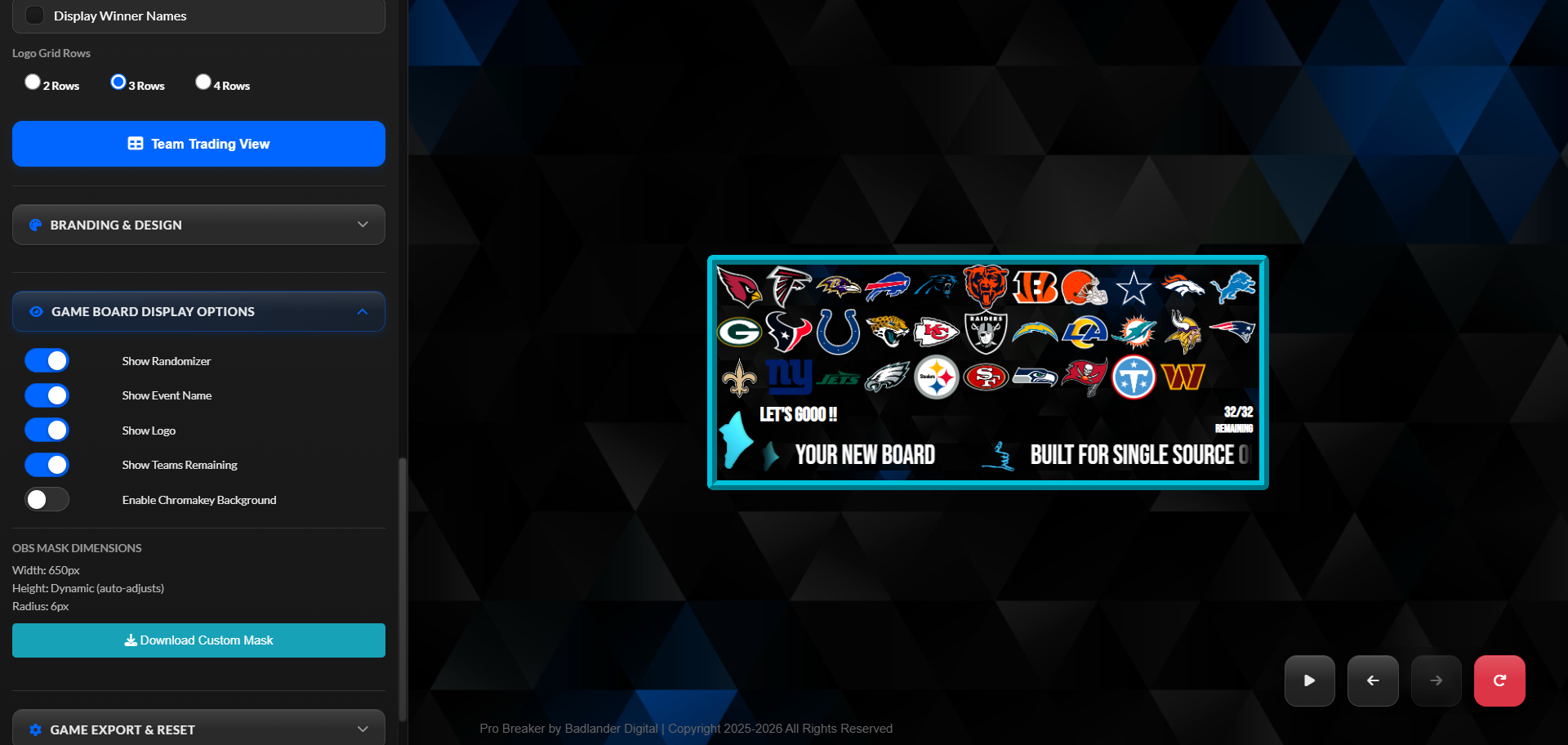 A team selection menu for an NFL simulation game featuring a grid of team logos and active settings for game configuration.