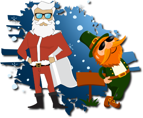 Santa and a leprechaun standing back to back over a blue background.
