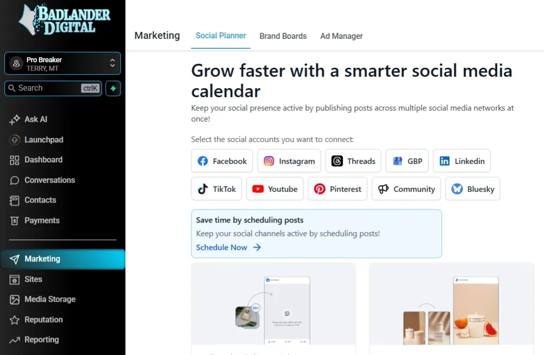 Dashboard for Railander Digital showing a social media calendar setup page with options to connect various social accounts.