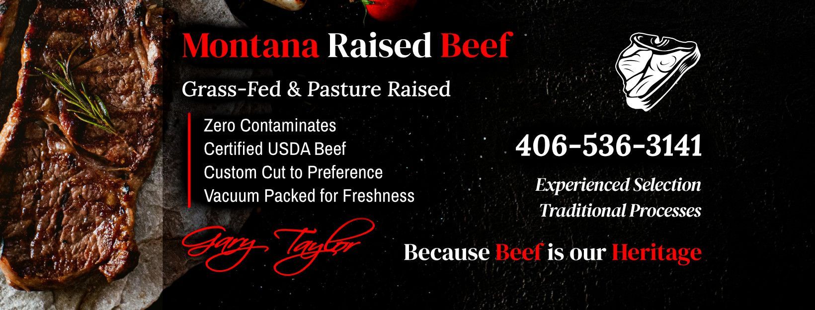 Facebook profile banner for Montana Raised Beef, showcasing a steak, with contact info and phrases like