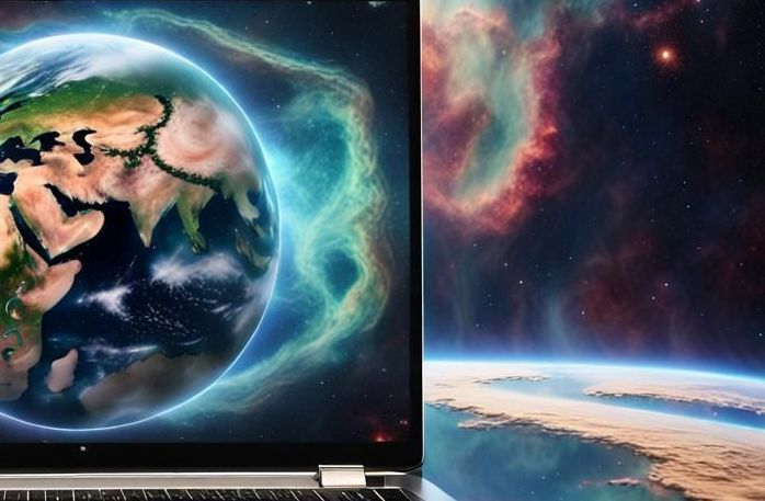 An image of a laptop floating in space with a picture of earth from space on the screen