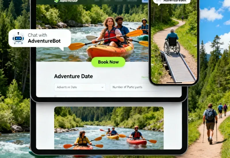 Kayaking and hiking adventure website interface. River kayakers, accessible trail user, and hikers in green setting.