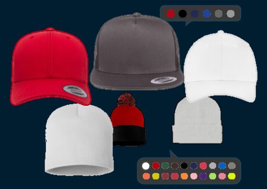 Hats and beanies with available colors for print
