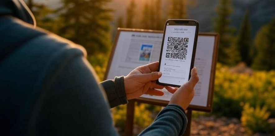 A QR code on an information kiosk in a park