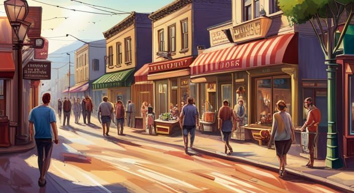 An illustration of a small town downtown with people walking between local businesses