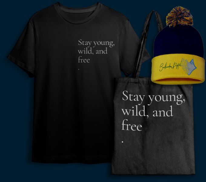 A black t-shirt and other apparel that says stay young wild and free