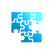 A blue puzzle with pieces on a white background.