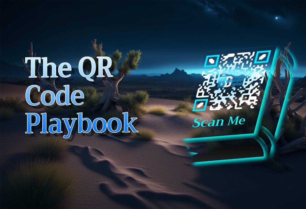 The QR Code Playbook - A picture of a desert with floating text and a book with a qr code