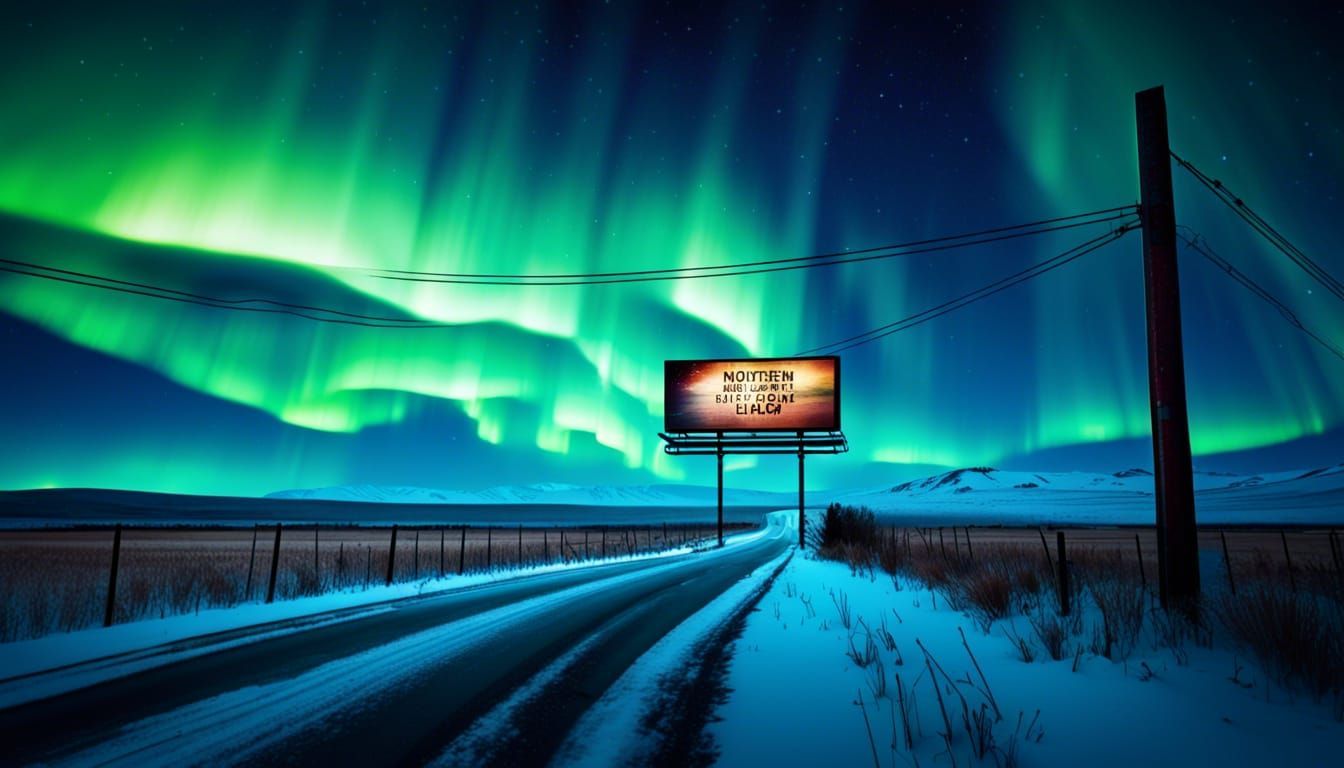 A billboard on a prairie with an aurora on the horizon