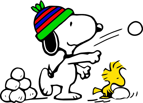 Snoopy wearing seasonal christmas clothes throwing a snowball