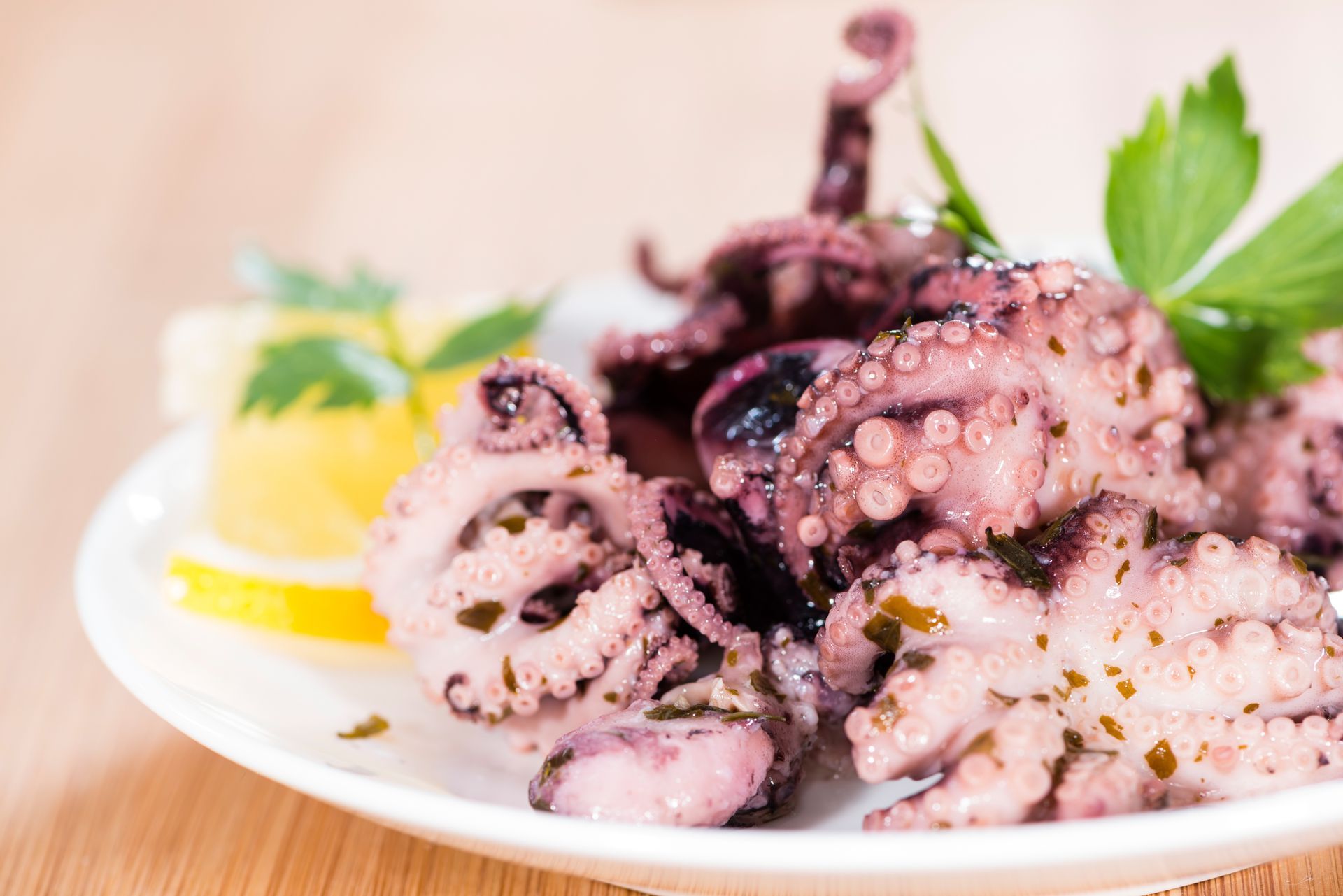 Un piatto bianco condito con polpo cotto e fette di limone.