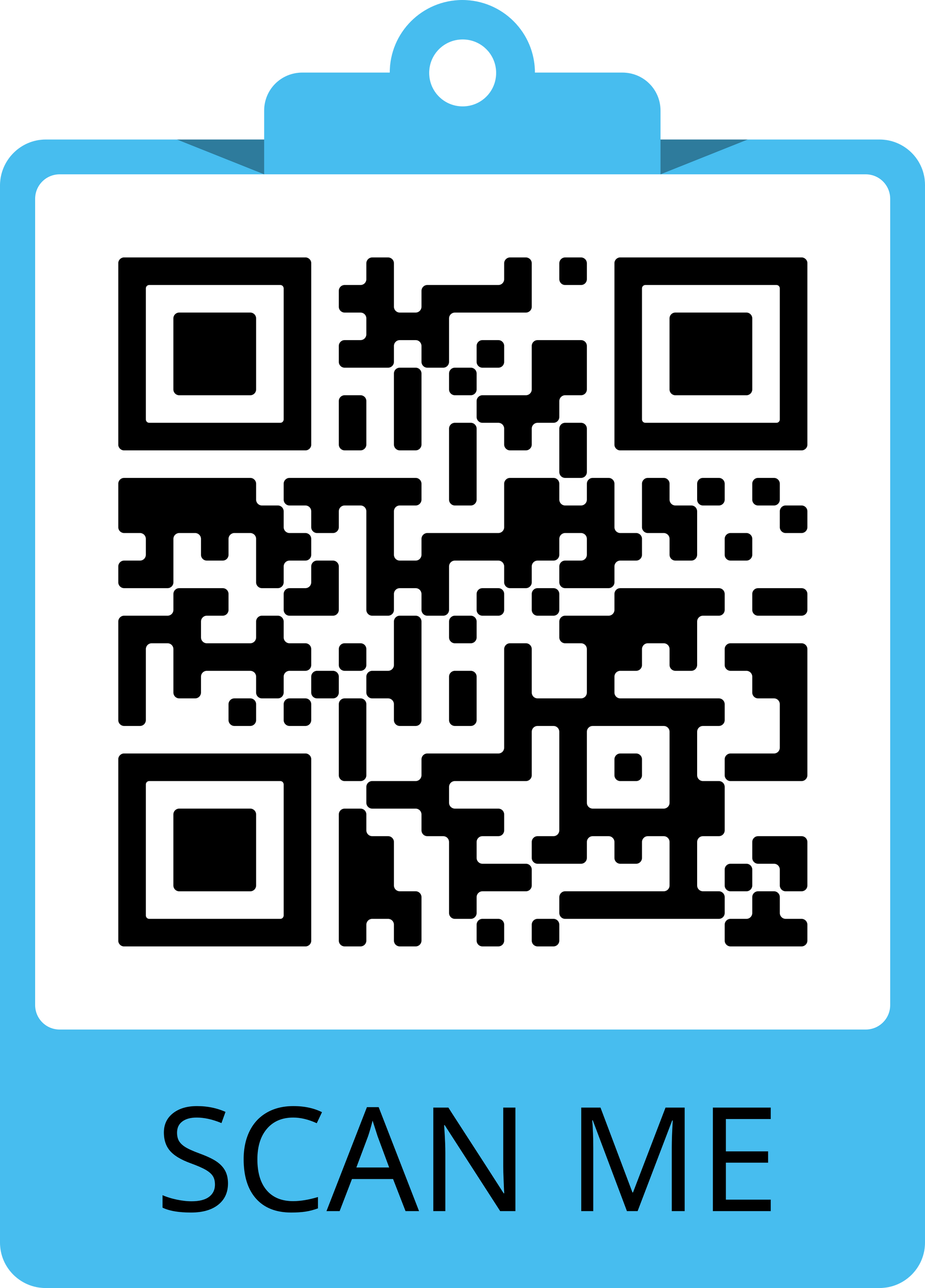 Un blocco appunti blu con sopra un codice QR che dice "scansionami".