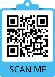 Un blocco appunti blu con sopra un codice QR che dice "scansionami".