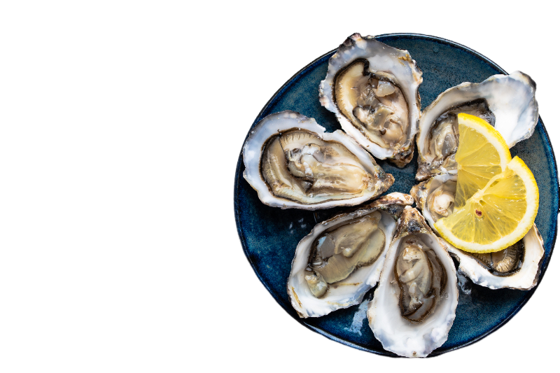 Un piatto blu sormontato da ostriche e fette di limone.