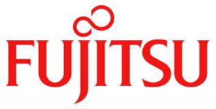 Un logo Fujitsu rosso su sfondo bianco