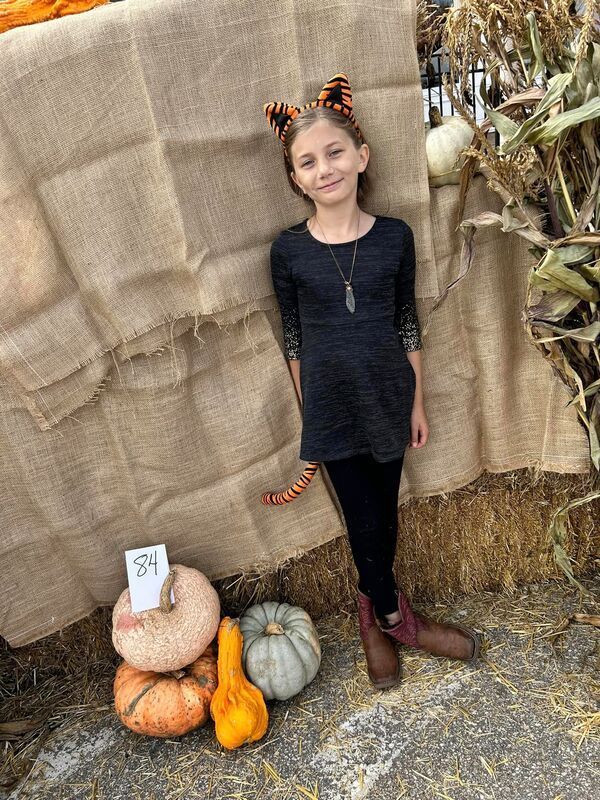 A little girl in a cat costume is standing next to a pile of pumpkins.