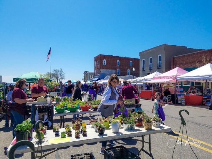 A woman is standing in front of a table full of potted plants.
