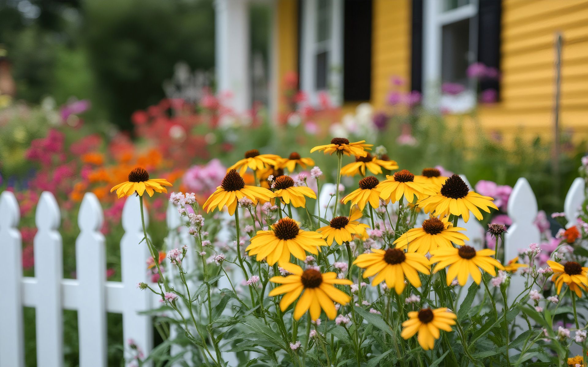 A two-story, cream-colored suburban house with a brown two-car garage, tile roof, and green shutters under a blue sky.