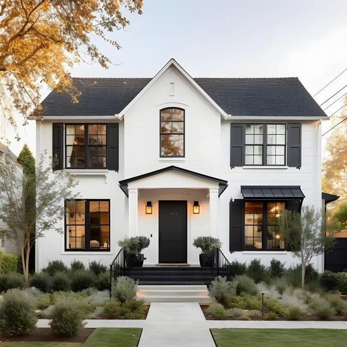 A white house with black shutters on the windows