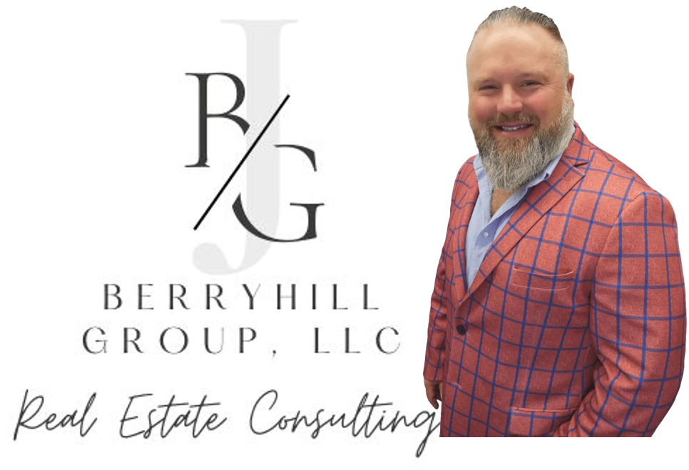 A man in a suit is standing in front of a logo for berryhill group , llc.