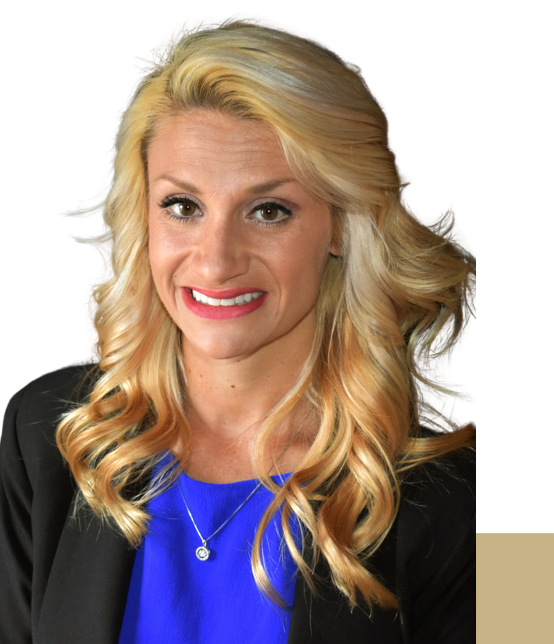 A woman with blonde hair is wearing a blue shirt and a black jacket