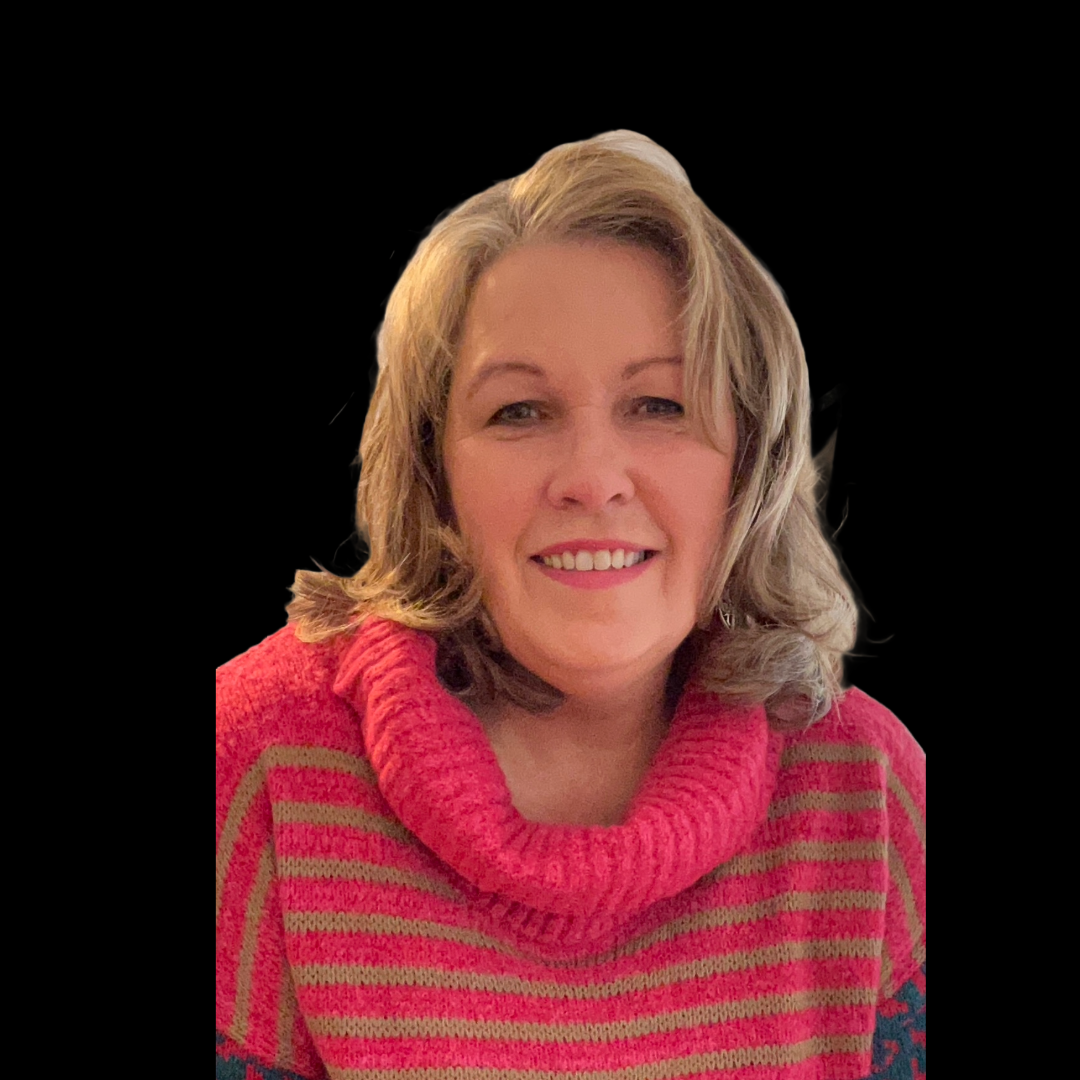 A woman is wearing a pink and yellow striped sweater and smiling.