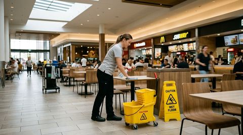 Cleaner disinfecting food court dining table during service hours, Lakeville, MN